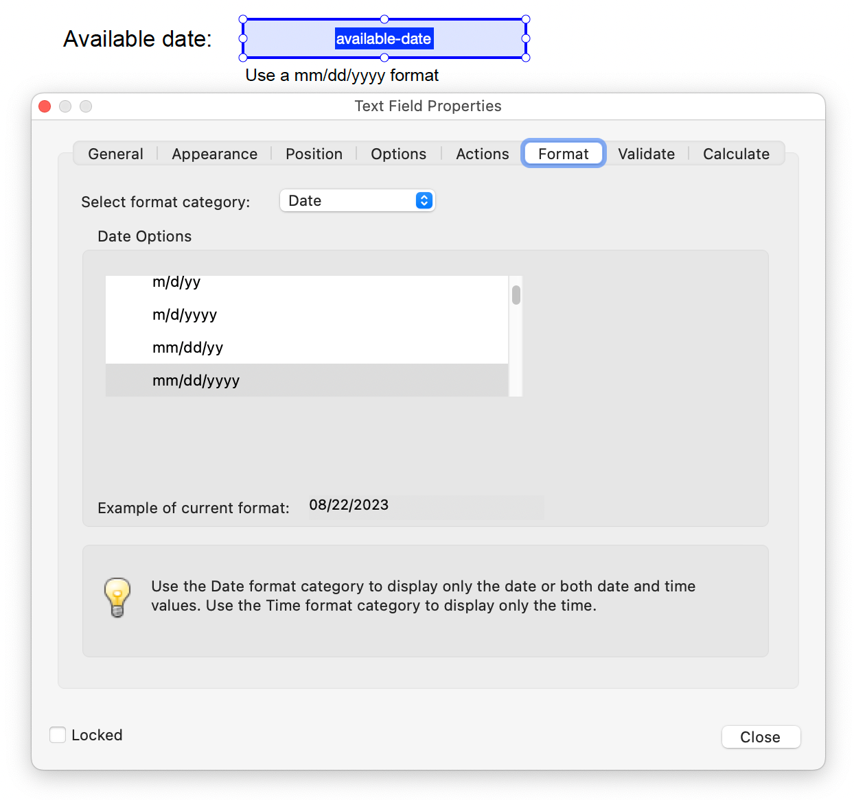 Specifying a required format for an input field format using Adobe Acrobat 9 Pro