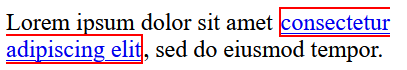 A paragraph of text containing a link broken over two lines. The red focus indicator has a gap on the right of one part of the link, and on the left of the other part of the link.